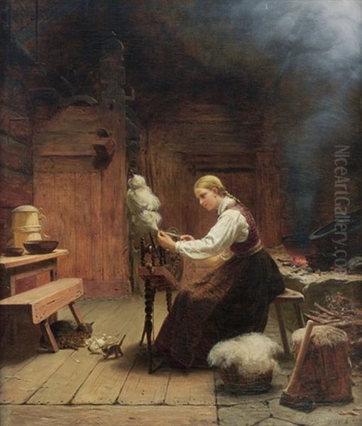 Interior, Woman By A Spinning Wheel Oil Painting by Knud Larsen Bergslien