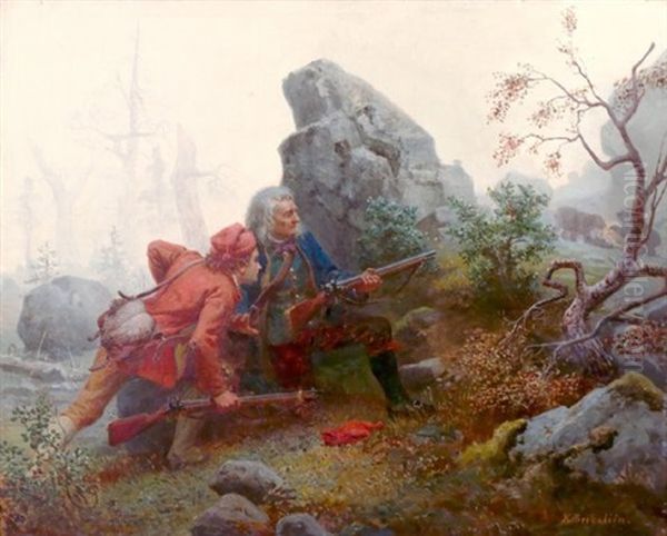 Bjornejakt Oil Painting by Knud Larsen Bergslien