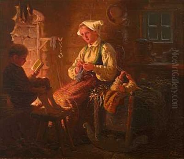 Kveldsstund Ved Peisen Oil Painting by Knud Larsen Bergslien