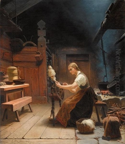 Kvinne Ved Rokken I Bondeinterior (woman Spinning Wool) Oil Painting by Knud Larsen Bergslien