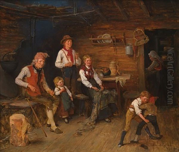 Interior Fra Almuestue Oil Painting by Nils Nilsen Bergslien