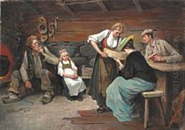 Interior From A Norwegian Peasant House Oil Painting by Nils Nilsen Bergslien