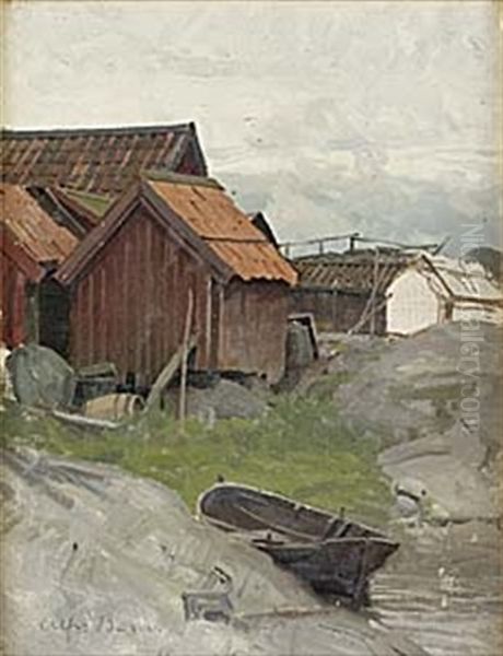 Fiskebodar Pa Klippor Oil Painting by Alfred Mauritz Bergstroem