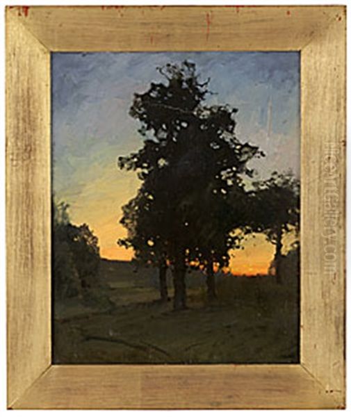 Solnedgang. A Tergo Dedikation Fran Konstnaren Till Axel Tallberg Oil Painting by Alfred Mauritz Bergstroem