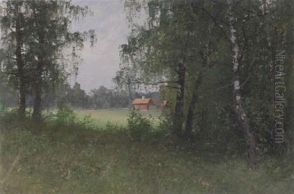 Skogslandskap Med Byggnad Oil Painting by Alfred Mauritz Bergstroem