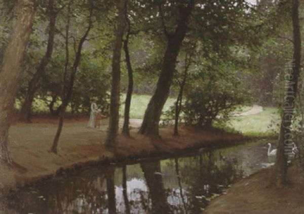 A Stroll In Drottingsholms Park Oil Painting by Alfred Mauritz Bergstroem