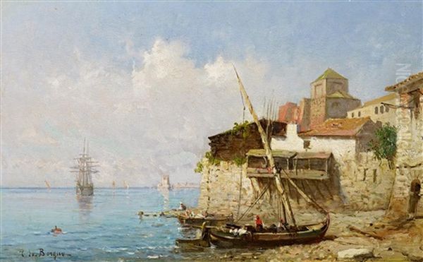 Boote Am Ufer Vor Einem Kustenstadtchen Oil Painting by Tony-Francois de Bergue