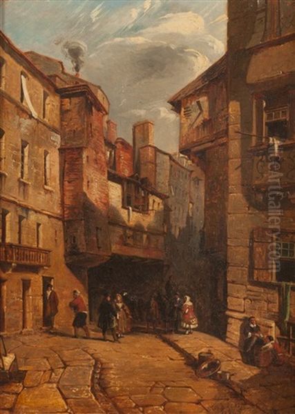 Town Scene With Cobblestone Road Oil Painting by Tony-Francois de Bergue