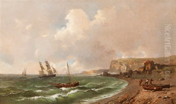 Beach With Boats And Fig Oil Painting by Tony-Francois de Bergue