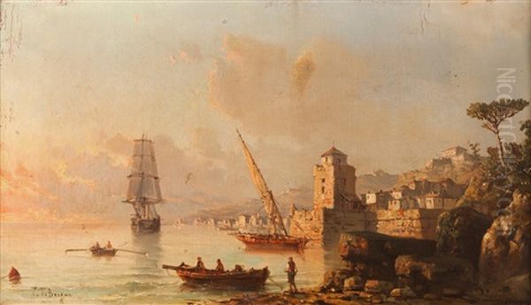 Seascape With Boats And Figures Oil Painting by Tony-Francois de Bergue