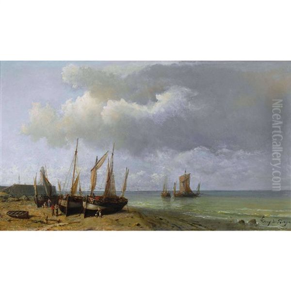 Strandpartie Mit Segelschiffen Oil Painting by Tony-Francois de Bergue