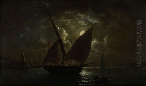 Voilier A L'entree Du Port Au Clair De Lune Oil Painting by Tony-Francois de Bergue