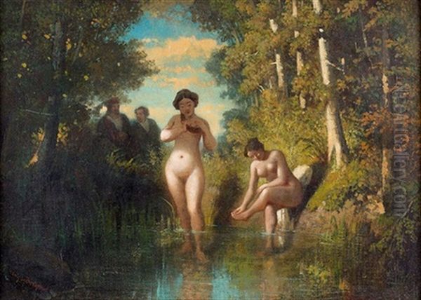 Badende Frauen Im Wald Oil Painting by Tony-Francois de Bergue