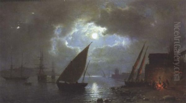 Voiliers Au Clair De Lune Oil Painting by Tony-Francois de Bergue