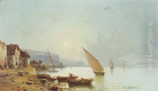 Fischer An Der Kuste In Der Nahe Eines Dorfes Oil Painting by Tony-Francois de Bergue