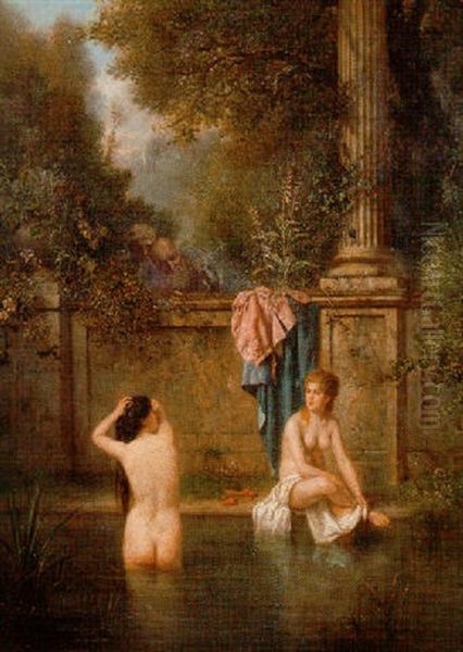 Bathers Being Observed Over The Garden Wall Oil Painting by Tony-Francois de Bergue