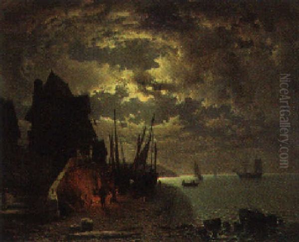 Fisherfolk Before A Fire At Low Tide, In A Moonlit Coastal Inlet Oil Painting by Tony-Francois de Bergue