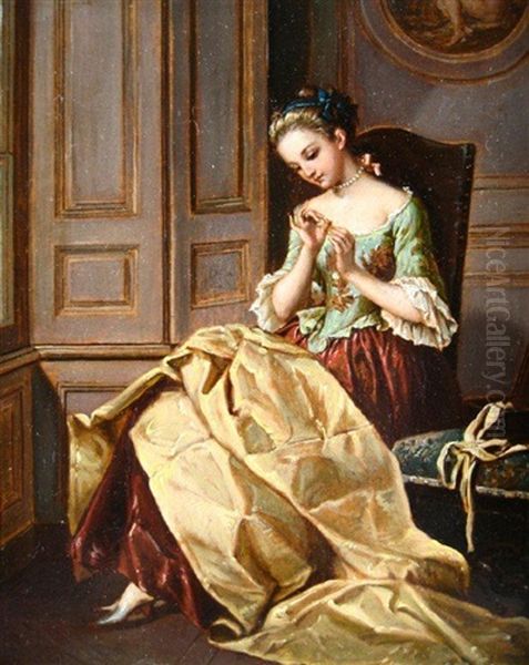 Lady Sewing Oil Painting by Jean-Baptiste Beringer