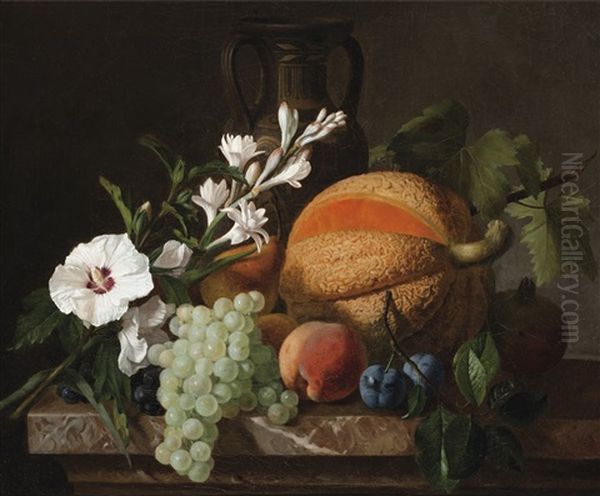 Nature Morte Au Melon, Raisins Et Fleurs Oil Painting by Antoine Berjon