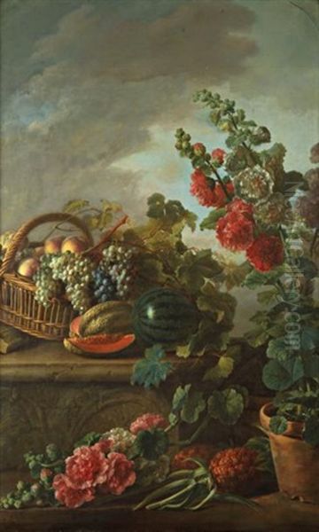 Nature Morte Au Panier De Peches Et Raisins, Pasteque Sur Un Entablement Et Roses Tremieres Dans Un Pot, Ananas Oil Painting by Antoine Berjon