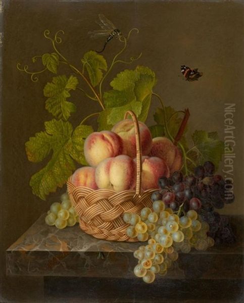 Stilleben Mit Fruchten In Einem Korb Auf Einer Steinplatte Oil Painting by Antoine Berjon