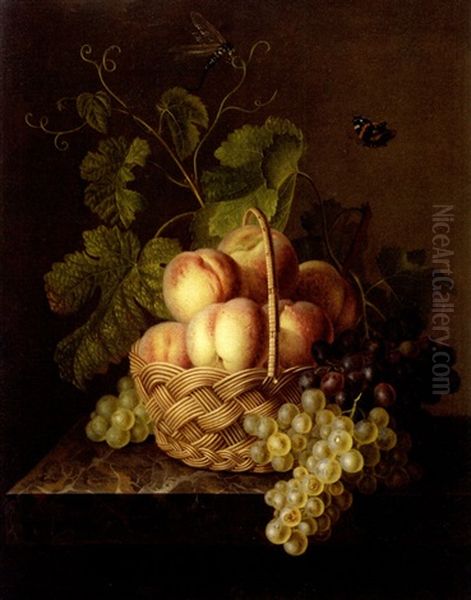 Corbeille De Peches Et De Raisin Sur Un Entablement Oil Painting by Antoine Berjon