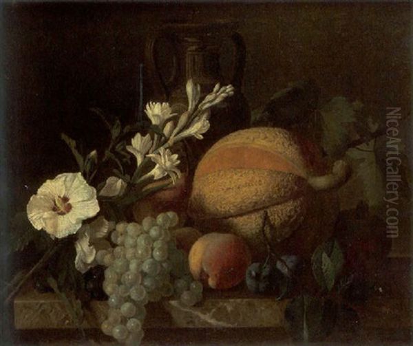 Nature Morte A La Grappe De Raisins Et Aux Fleurs Oil Painting by Antoine Berjon