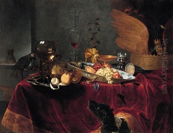 A Pronk Still Life Of Fruit And Silver, Porcelain And Glassware, All On A Table Draped With A Red Cloth, Observed By A Dog Oil Painting by Gillis van Berkborch