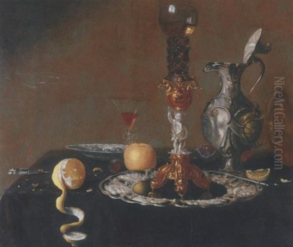 A Gilt Bekerschroef Holding A Roemer, An Overturned Tazza, A Silver Jug And Dish, Two Facon-de-venise Glasses, A Partly-peeled Lemon, An Orange And A Pomegranate On A Draped Table Oil Painting by Gillis van Berkborch