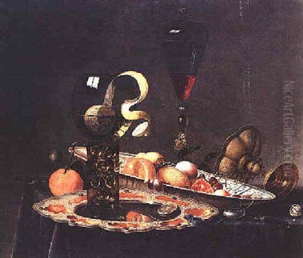 A Still Life With A Covered Wine Glass, Assorted Fruit In A Porcelain Bowl, A Roemer, A Half Peeled Lemon, An Upturned Tazza And A Time Piece On A Table Draped With A Deep Blue Cloth Oil Painting by Gillis van Berkborch