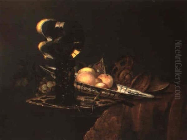 A Still Life Of Fruit In A Dish With Other Objects On A Partly Draped Table Oil Painting by Gillis van Berkborch