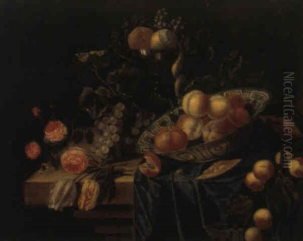 Nature Morte Au Plat De Delft, Peches, Raisins Et Fleurs Oil Painting by Gillis van Berkborch