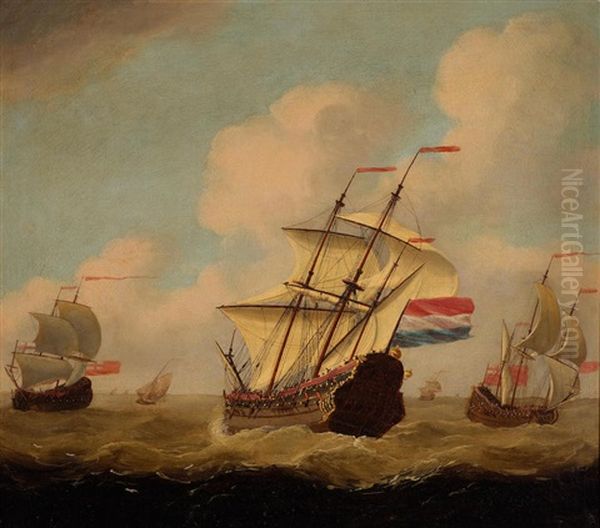 A View Of Three Galleons In A Stiff Breeze Oil Painting by Ludolph Berkemeyer