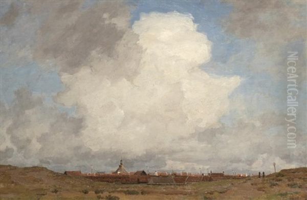 Figures Walking In An Atmospheric Dutch Landscape Oil Painting by Ludolph Berkemeyer