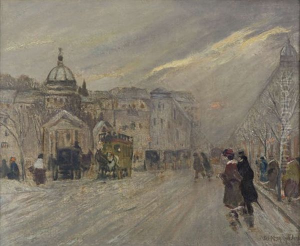 A Winter's Evening, London Street Scene With Figures, Horse Drawn Carriages And Omnibus Oil Painting by Antal Berkes