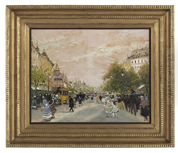 Busy Street Scene, Spring Oil Painting by Antal Berkes