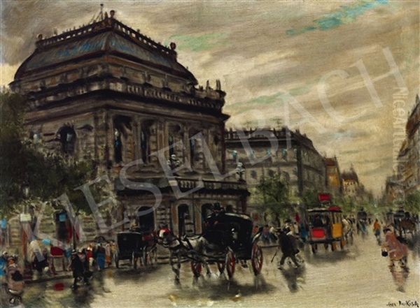 Lights After Rain On Andrassy Street Oil Painting by Antal Berkes