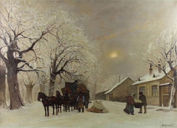 Winter Scene Oil Painting by Antal Berkes