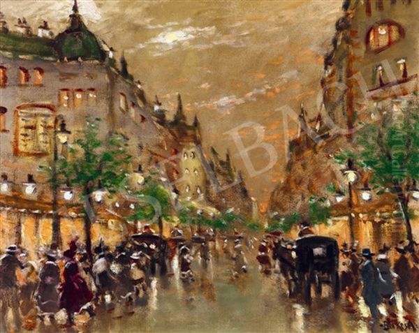 Evening Lights After Rain On The Boulevard Oil Painting by Antal Berkes