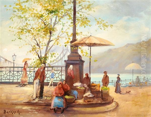 Budapester Strassenszene, Im Hintergrund Die Freiheitsbrucke Oil Painting by Antal Berkes