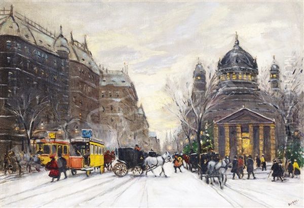 Winter In Budapest Oil Painting by Antal Berkes