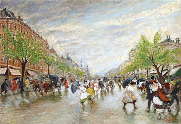 Boulevard After Summer Rain Oil Painting by Antal Berkes