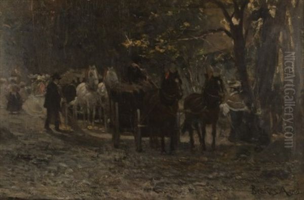 Horse Carts With Figures Oil Painting by Antal Berkes