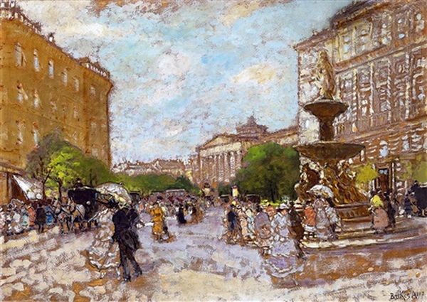 The Kalvin Square With The National Museum In The Background, 1917 Oil Painting by Antal Berkes