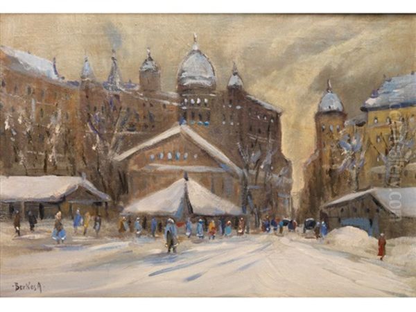 Winterliche Stadtszene Oil Painting by Antal Berkes