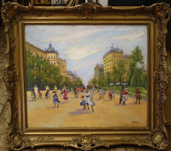 Schoolkinderen Op Franse Boulevard Oil Painting by Antal Berkes