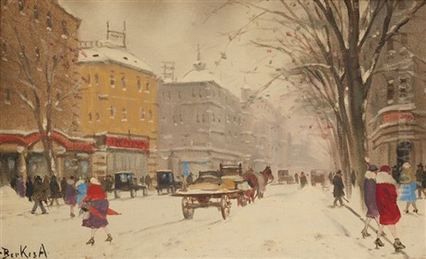 Rue Sous La Neige Oil Painting by Antal Berkes