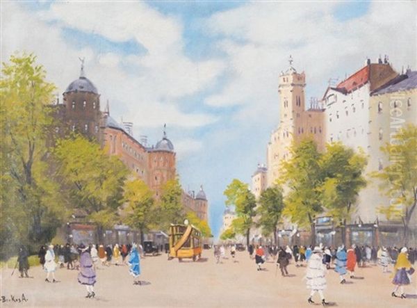 Rue Animee A Budapest Oil Painting by Antal Berkes