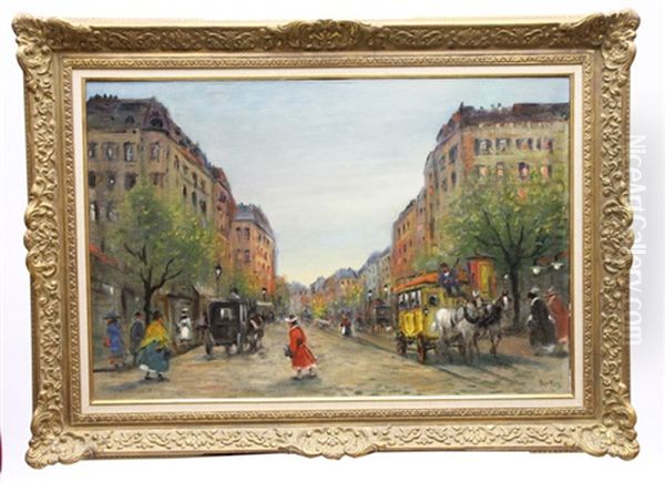 Rue Animee Aux Fiacres Oil Painting by Antal Berkes