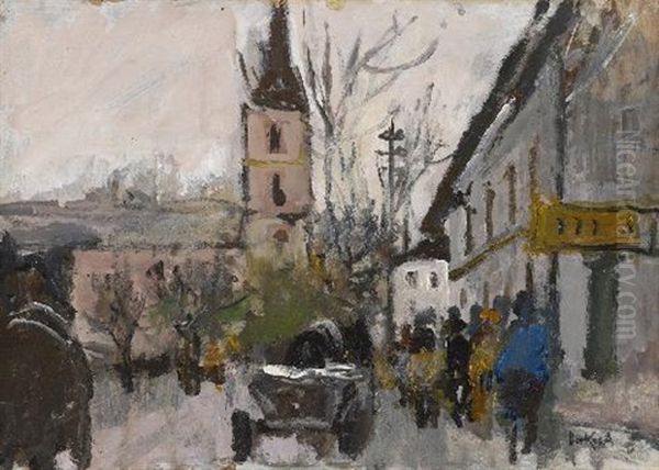 Strassenszene Mit Kirchturm Oil Painting by Antal Berkes